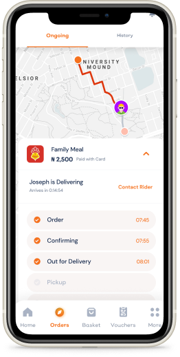 Screen flow for tracking food order — screen 1